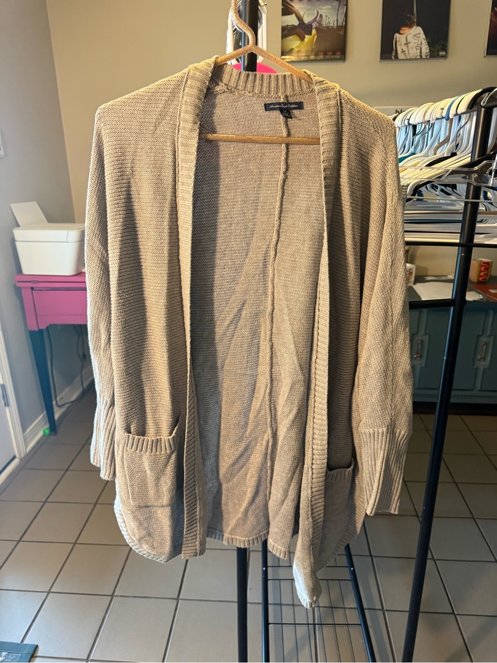 American Eagle Outfitters Taupe Open-Front Knit Cardigan